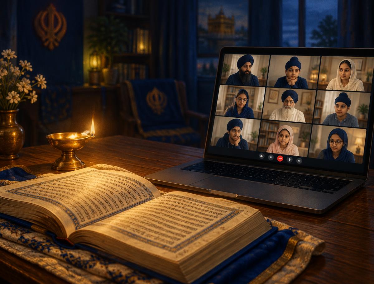 An online Gurbani class with an open Gutka Sahib glowing under a brass lamp