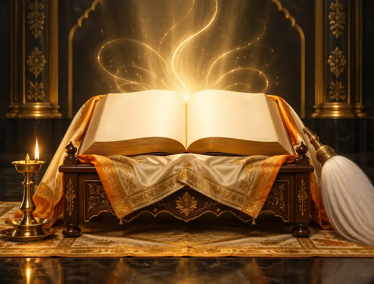 Gurbani Khoj Kendar — an open scripture glowing with golden light
