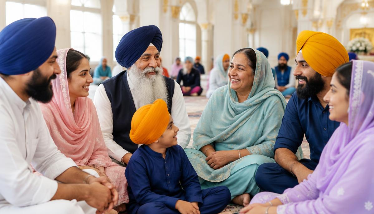 Illustration of a Sikh family sharing a warm conversation in the sangat
