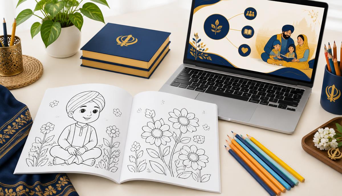 Illustration of Sikh coloring books, pencils and an educational presentation on a laptop