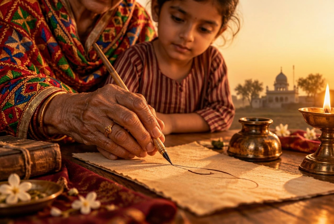 An elder's hand guiding a child's hand as they write together by lamplight