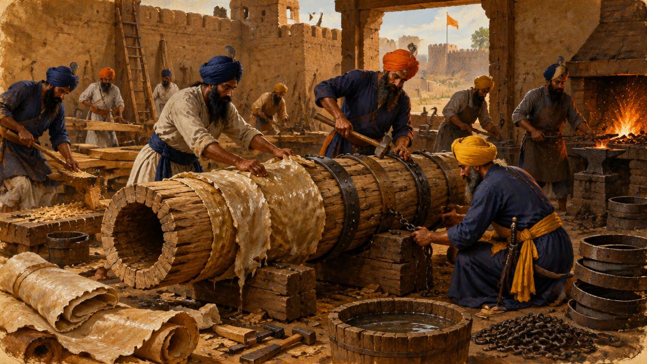 ਸਿੱਖ ਕਾਰੀਗਰ ਖੋਖਲੇ ਤਣੇ ਨੂੰ ਚੰਮ ਅਤੇ ਲੋਹੇ ਨਾਲ ਕੱਸਦੇ ਹੋਏ